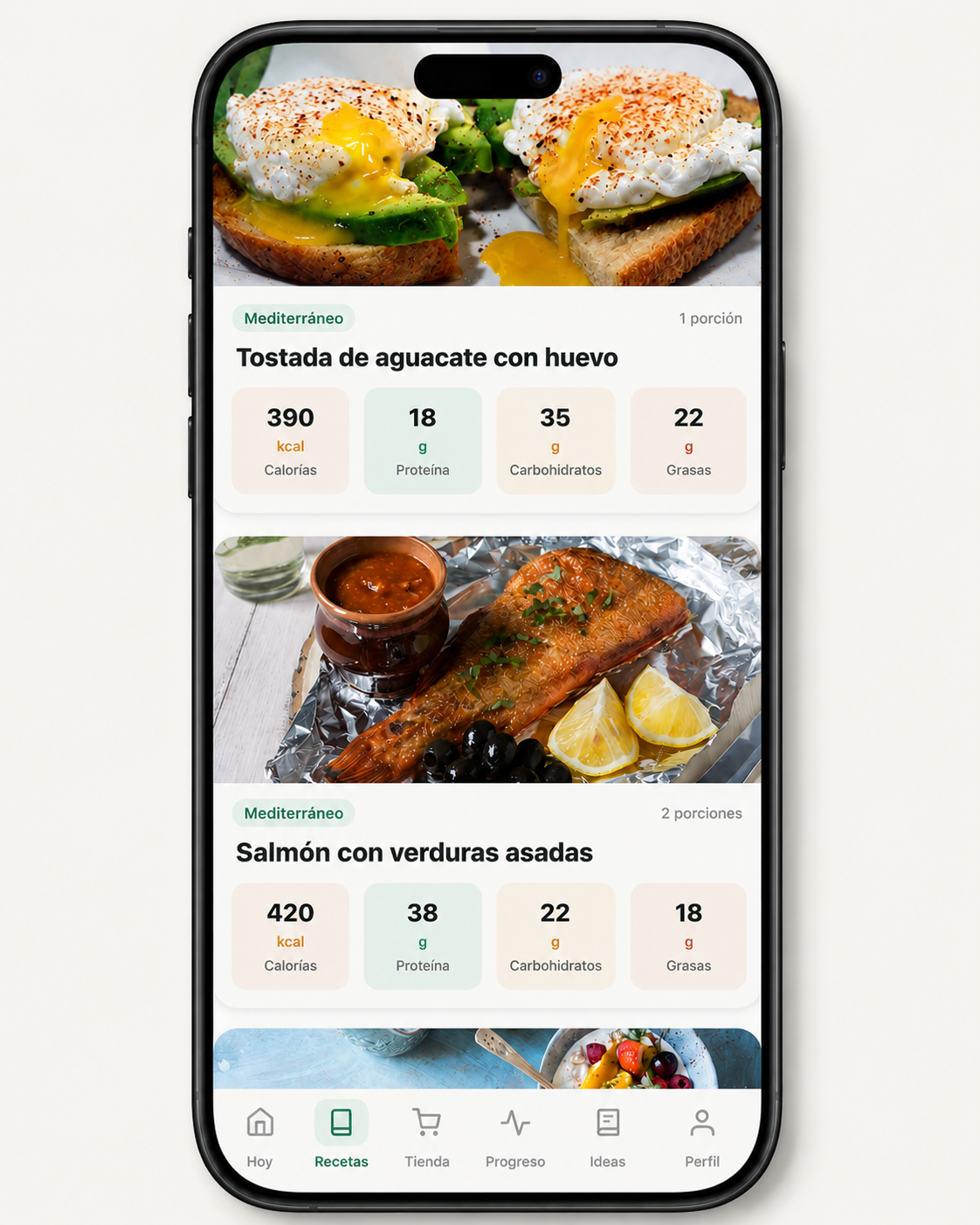 Pantalla de recetas de Savira con fotos y macros